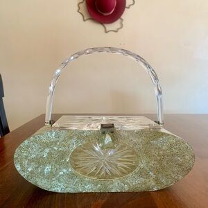 Vintage 1950’s sparkling gold Lucite acrylic box clutch by Patricia of Miami.
